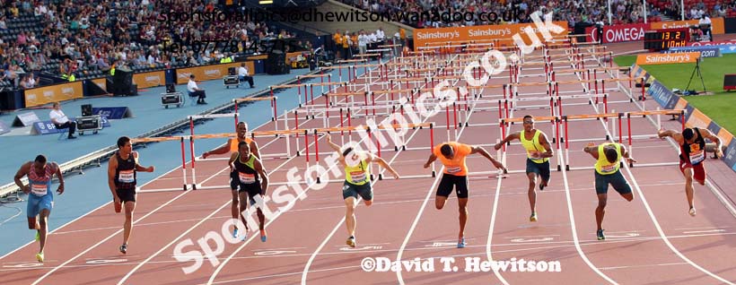 Williamm Sharman wins the 110 metres hurdles from Jeff Porter 2nd and Sergey Shubenkov 3rd at the Glasgow Diamond League. Photo: David T. Hewitson/Sports for All Pics